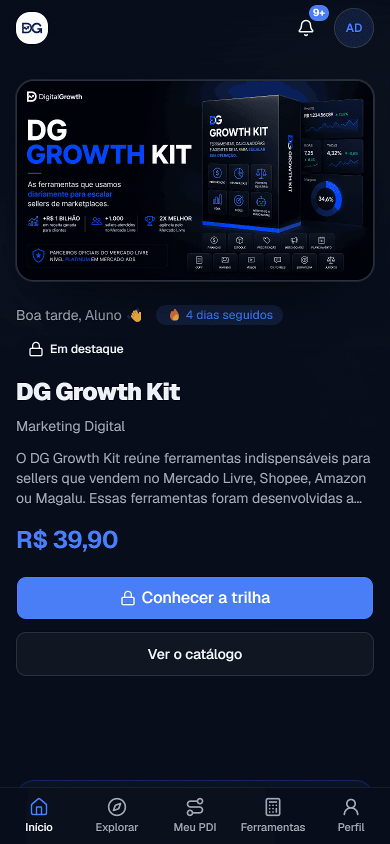 Catálogo da DG Academy: destaque no topo com a aula em andamento, saudação e trilhas por categoria