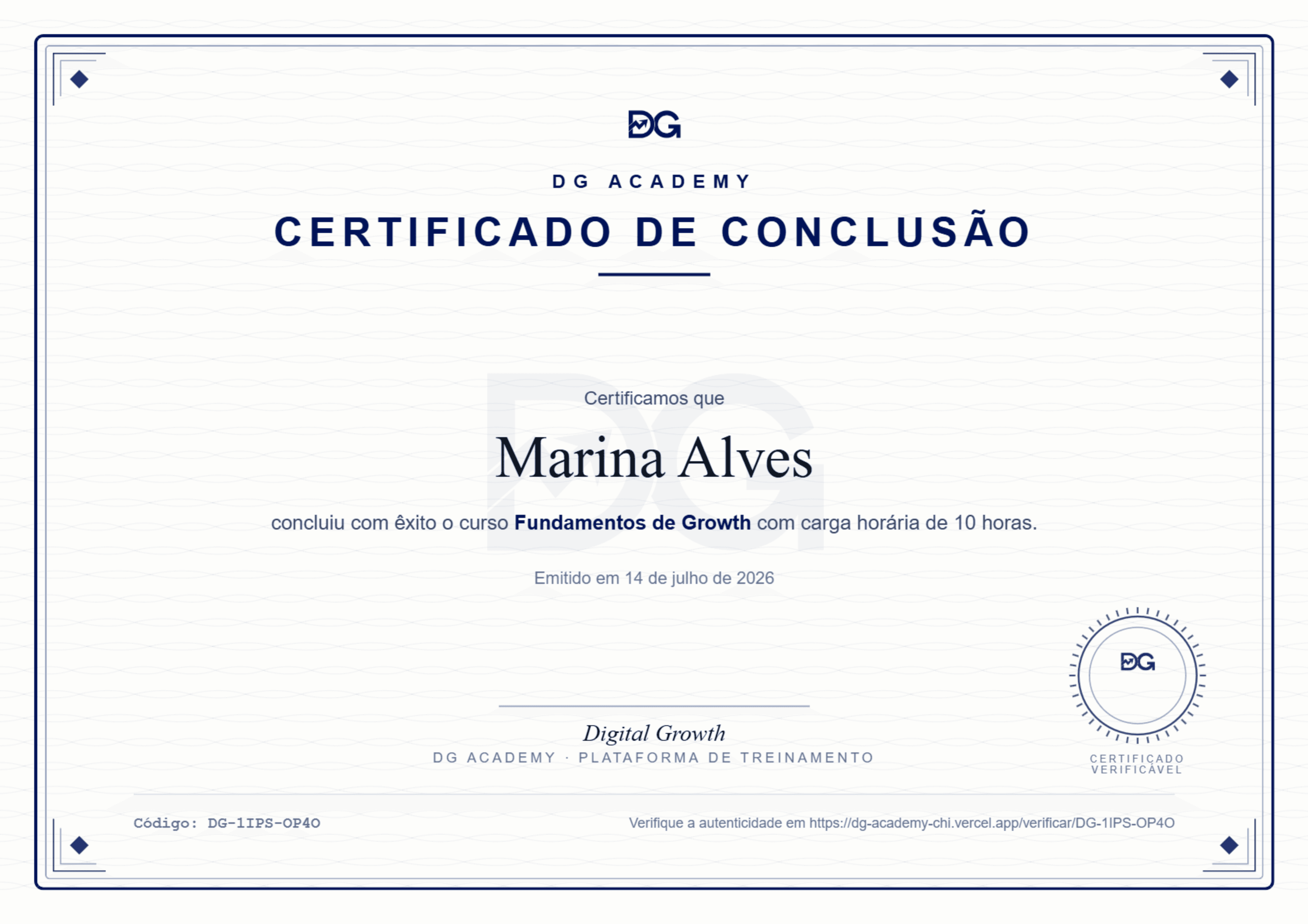 Certificado da DG Academy em PDF, com trama de segurança, selo e código de verificação