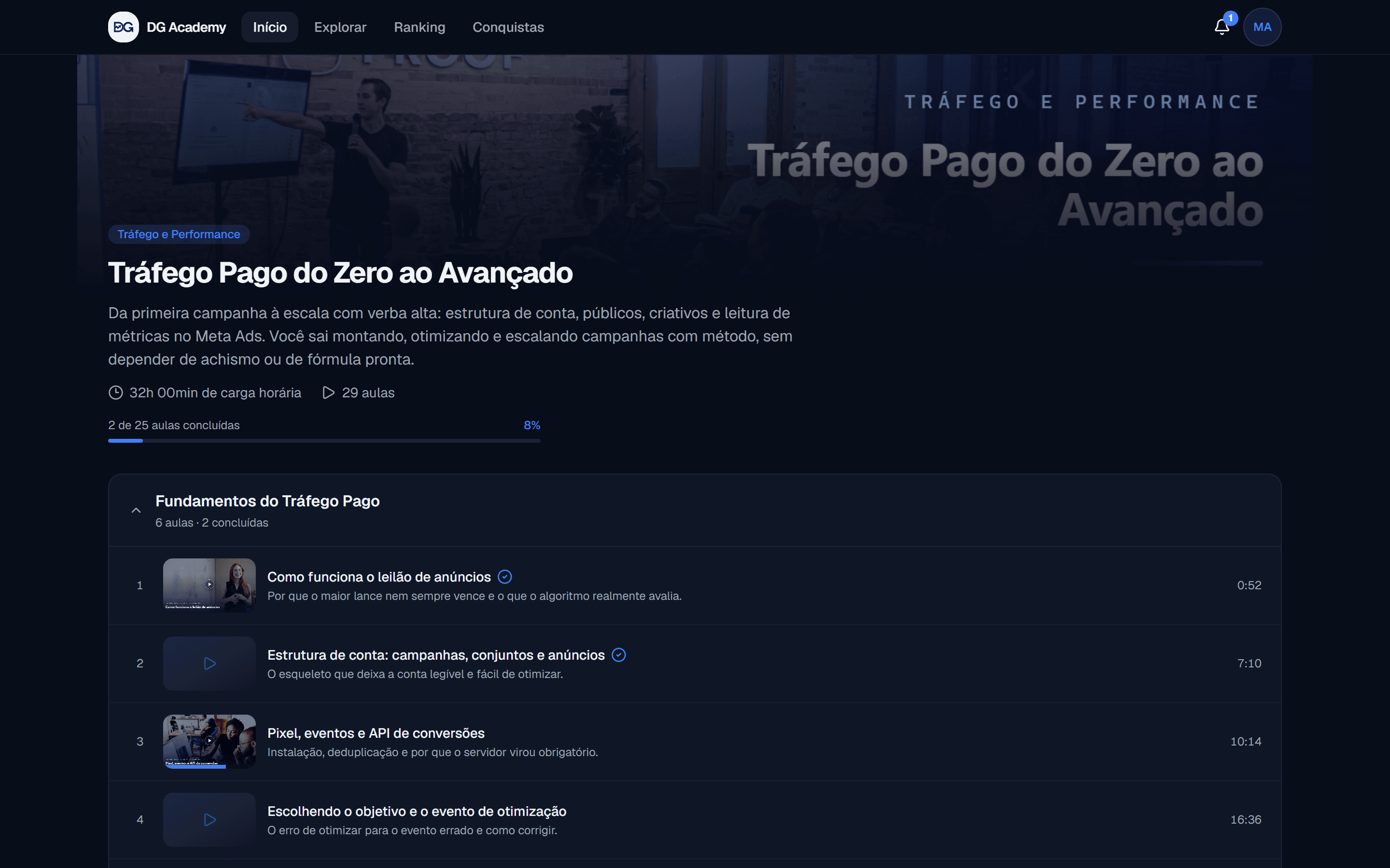 Página de um curso da DG Academy, com capa, progresso e a lista de módulos e aulas