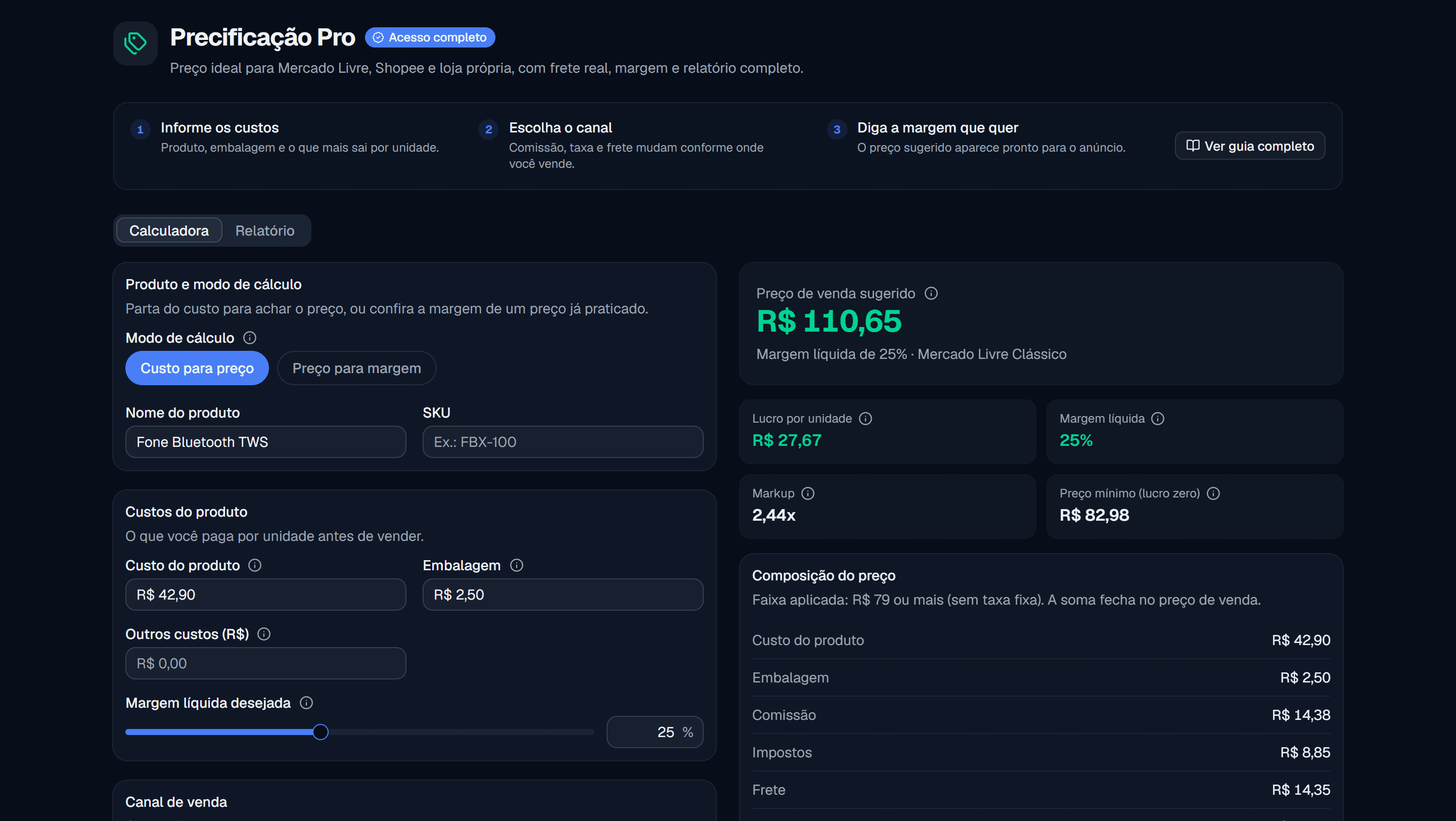 Calculadora de precificação da DG Academy com um fone bluetooth de custo R$ 42,90, mostrando preço sugerido de R$ 110,65 e a composição completa do preço